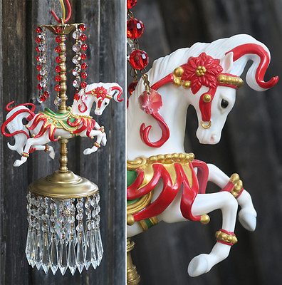 #ad Porcelain Horse Carousel Lamp SWAG Chandelier Vintage Crystal poinsettia beaded $399.00