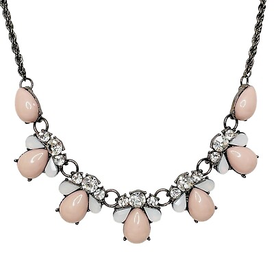 #ad Cabachon Necklace Pale Pink Dusty Rose Teardrop Rhinestones Gun Metal Chain 17quot; $14.99
