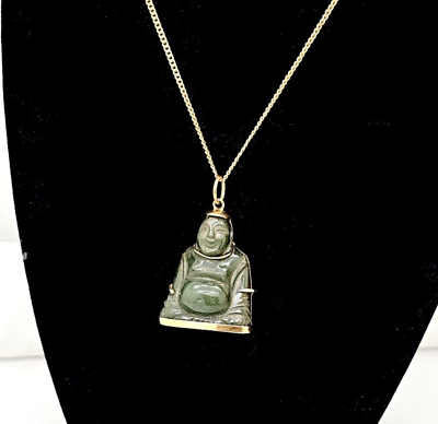 #ad CHINESE EXPORT HEAVY 18K MOUNTED LAUGHING BUDHA JADE PENDANT $475.00