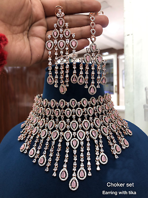 #ad Indian 18k Rose Gold Filled Bollywood Style Diamond Necklace Pink Jewelry Set $249.99