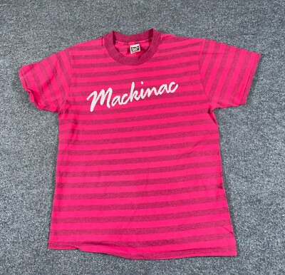 #ad VTG Mackinac Michigan Script Print T Shirt Adult Medium Pinkish Red Striped $18.00