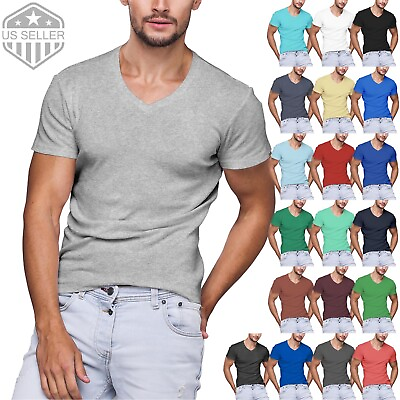 #ad Mens V Neck T Shirts Plain Basic Tee Short Sleeve Cotton Big Size Casual Slim $13.99