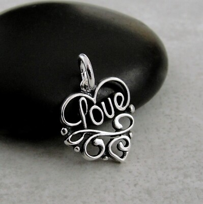 #ad 925 Sterling Silver Love Words Charm Fancy Heart Shaped Love Charm Jewelry $12.95
