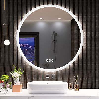 #ad 24inch LED Round Bathroom Mirror with Bluetooth Anti fog Dimmable Vanity Mirror $134.99