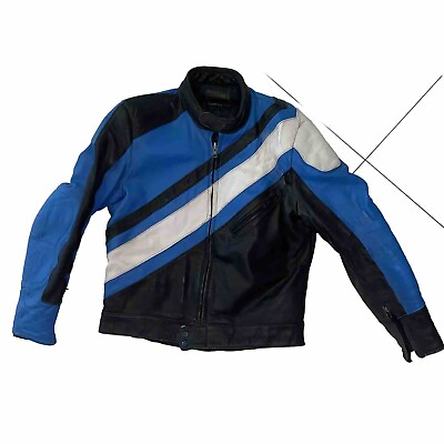 #ad Vtg Mens Leather Motorcycle Jacket Zip Up Size 52 White Blue Euros Rare $145.00