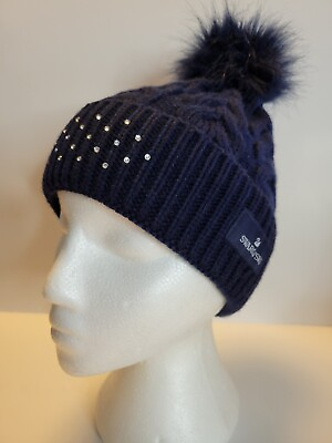 #ad Swarovski Womens Beanie Hat One Size Fuzzy Pom Pom Knit Crystal Design Blue $29.96