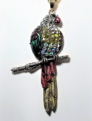 #ad BETSEY JOHNSON COLORFUL CRYSTAL ISLAND PARROT LARGE PENDANT GOLD TONE NWT $16.95