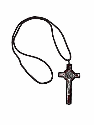 #ad St Benedict Crucifix Cross Catholic Necklace Red Enamel Men Women Cord Italy $12.99
