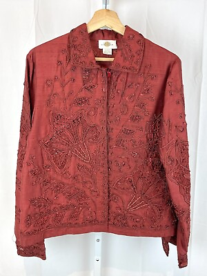 #ad SANDY STARKMAN Silk Button Front Jacket Embellished Bead Embroidered Red Size M $40.00