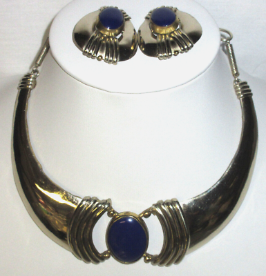 #ad Southwest Lapis Lazuli Silver Necklace Vintage metal Jewelry earrings set f . $65.00