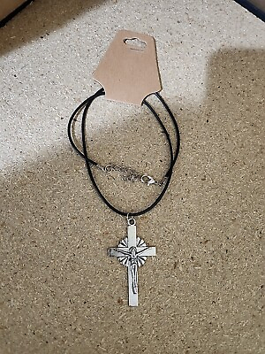 #ad Mens Womens Religious Jesus Cross Pendant Leather Cord Necklace 18 Inches $5.00