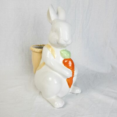 #ad Rae Dunn White Ceramic quot;Hippity Hopquot; Rabbit Bunny Basket Spring Planter Figurine $45.99