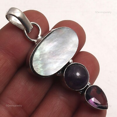 #ad Mother Pearl Amethyst Gemstone Jewelry Silver Plated Friend Gift Pendant 2.2quot; $4.99