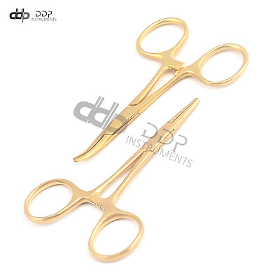 #ad Set of 2 Mosquito Forceps Full Gold 3.5quot; Straight amp; Curved Stainless Steel $7.50