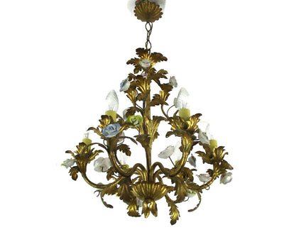 #ad Regency Chandelier 6 arm Lights Ornate Brass Leafs Porcelain Flowers Italian $600.00