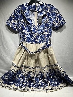 #ad NWT AYLI Blue floral Fit And Flare Dress 1950 RETRO 16 Glamorous V Neck Button $22.62