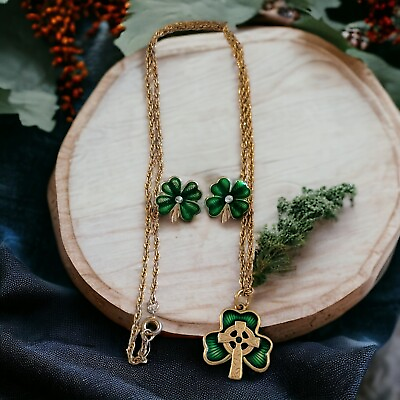 #ad Vintage Celtic Shamrock Irish Blessing Pendant Necklace Earrings St. Patrick#x27;s $33.15
