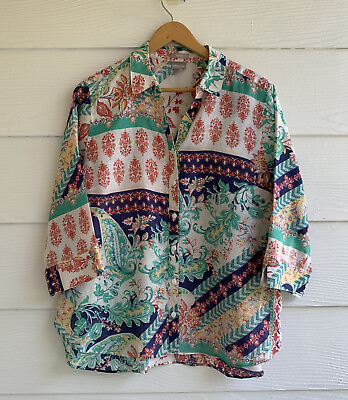 #ad Chicos XL Floral Linen Tunic Top Shirt Blouse 3 4 Sleeve Button Up Lighweight 3 $39.00
