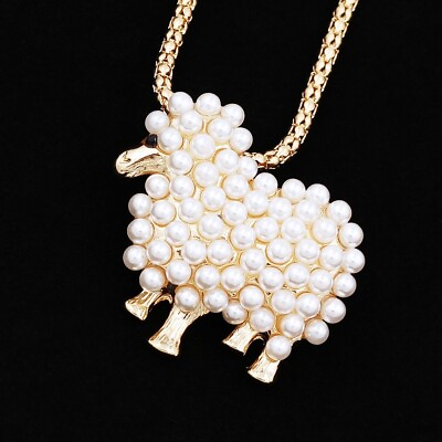 #ad Cute Small Sheep Pendant Faux Pearl Gold Silver Tone Sweater Necklace Brooch Pin $6.99