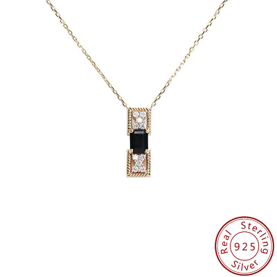 #ad 925 Sterling Silver 14K Gold Piano Key Design Black Zircon Women#x27;s Necklace $15.63