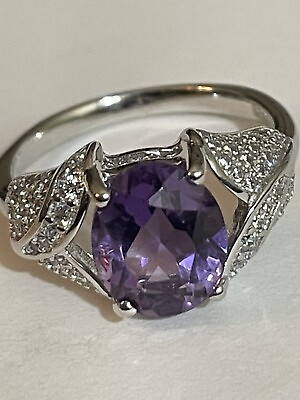 #ad Oval Purple Amethyst 10x8 mm amp; Simulated CZ 925 Sterling Silver Ring Size 7 $42.00