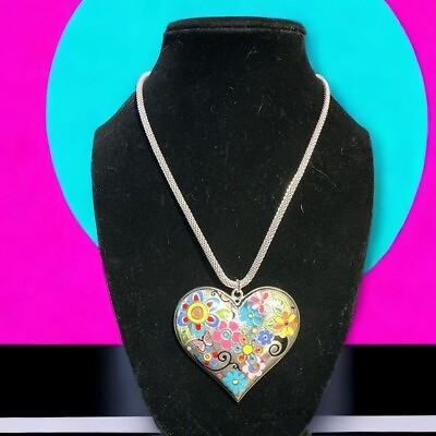 #ad Heart Pendant Necklace Womens 16.5” Silver Alloy Chain Enamel Floral Jewelry* $23.98