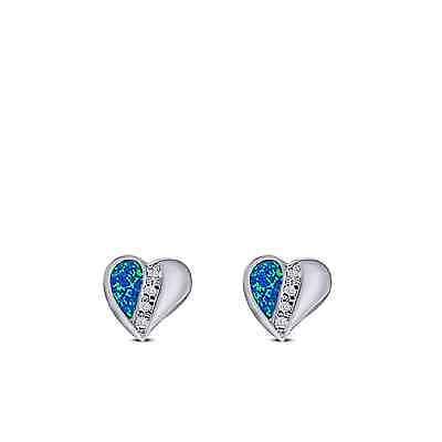 #ad 9mm Heart Stud Earring Lab Created Blue Opal Solid 925 Sterling Silver $16.23