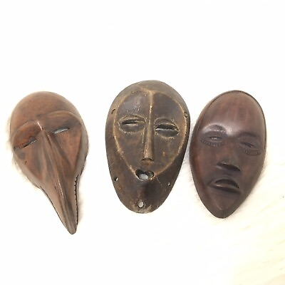 #ad Vintage African Wooden Hand Carved Mini Masks Lot 3 5” 6” #3 $36.00