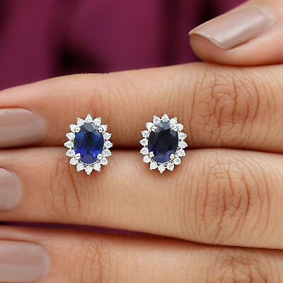 #ad Princess Diana Inspired Created Blue Sapphire Earrings with Moissanite Halo $94.05