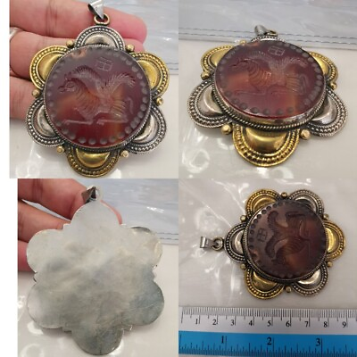 #ad Agate old stone afghan silver plated intaglio pendant @A $49.00