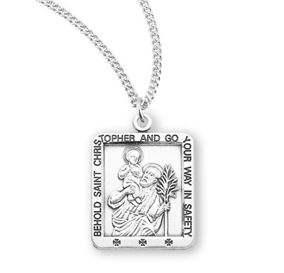 #ad Petite Sterling Silver Saint Christopher Square Medal Pendant on 18 Inch Chain $63.88