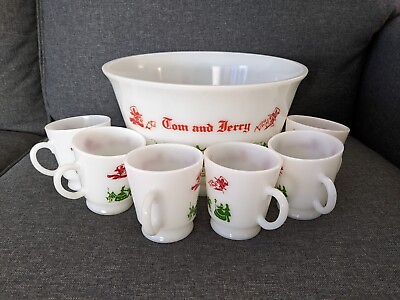 #ad Vintage Hazel Atlas Tom Jerry Glass Christmas Punch Bowl Set 6 Mugs Egg Nog $49.95