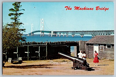 #ad Mackinac Michigan MI Mackinac Straits Bridge Vintage Postcard Posted $5.94