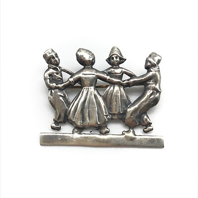 #ad Vintage 925 Sterling Silver Family Holding Hands Brooch Pin $29.99