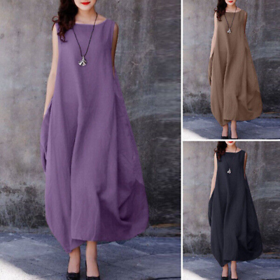 #ad Women Casual Round Neck Cotton Linen Sleeveless Summer Loose Dress Pocket Skirt $27.77