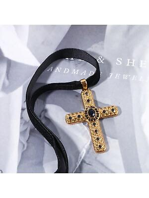 #ad Retro Cross Pendant Necklace Ribbon Choker With Black Gemstone Color Retention $5.32