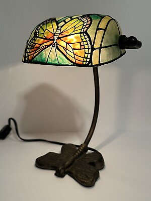 #ad Desk Lamp Banker Tiffany Style Butterfly Stained Glass Metal Base Electric 10” $59.99