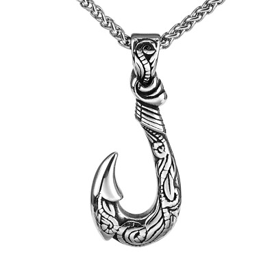 #ad Authentic Men#x27;s Hawaiian Fish Hook Pendant Necklace in Stainless Steel $9.88