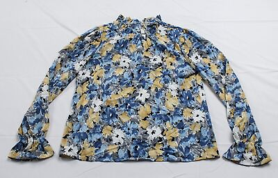 #ad Shein Women#x27;s Keyhole Back Long Sleeve Blouse CG2 Blue Yellow Small $9.98