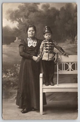 #ad Mother Little Son In Uniform With Sword RPPC c1910 Pretty Studio Postcard L25 $9.95