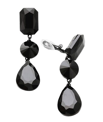 #ad Long Chunky Black Rhinestone Clip Earrings Geometric Dangle Shapes 3 Inches $13.99