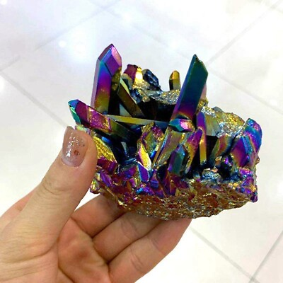 #ad Natural Rock Rainbow Aura Titanium Quartz Crystal Cluster Specimens Healing 100g $15.99