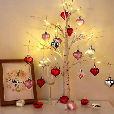 #ad Valentines Day Decor 23.2quot; Lighted Birch Tree with 24Pcs Heart Tree Ornaments V $39.02