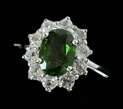 #ad 1.20CTW Russian Chrome Diopside w .80CTW Round White Topaz Sterling Silver Ring $75.00