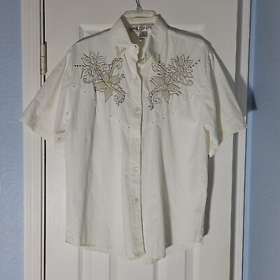 #ad Vintage Jane Ashley Top Womens Small White Western Embellished Beaded Faux Pearl $22.98