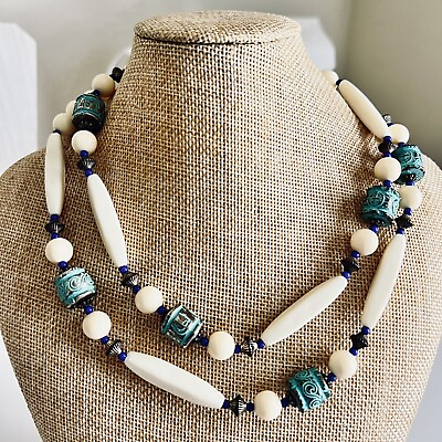 #ad Ethnic Multi Bead White Turquoise Blue Long Necklace 32” $11.99