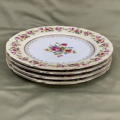 #ad Gold Castle Pink Rose Floral 8 5 8quot; Salad Plates Set of 4 made in Japan Vintage $39.95