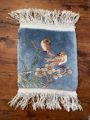 #ad Art Deco Chinese Oriental Silk Pictorial Bird Floral Handknotted Tassel Wall Rug $35.00