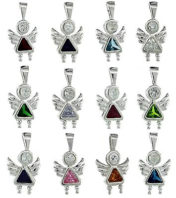 #ad Sterling Silver Birthstone Angel Pendant Charm w Colored Cubic Zirconia Stone $16.99