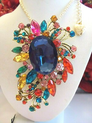 #ad BETSEY JOHNSON SPARKLING MULTI COLOR WITH BLUE CENTER CLUSTER NECKLACE BROOCH $32.99